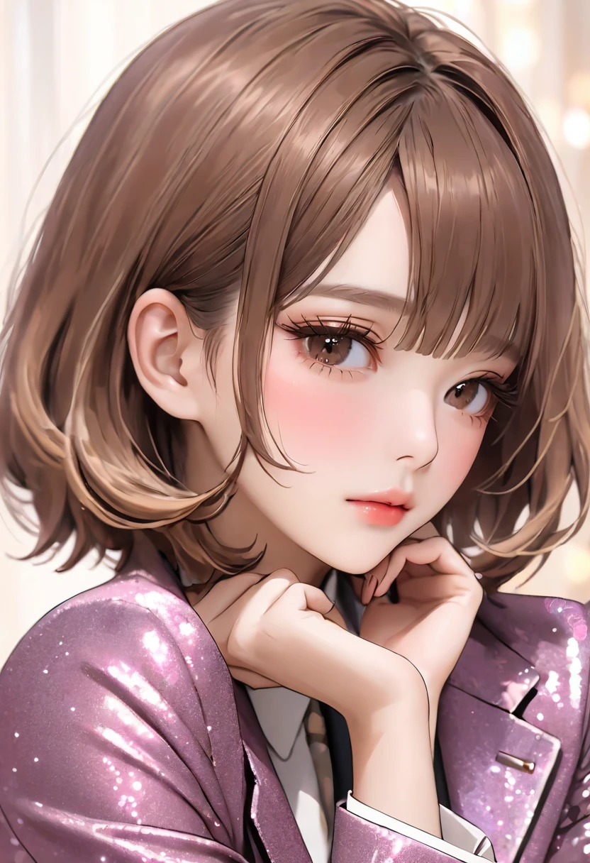 A close-up of the upper body of a beautiful girl with brown bob hair. Wearing a blazer, tucking her hair behind her ears, Korean-style makeup, glitter eye makeup, long eyelashes, relaxing time, mature, pretty, older sister, masterpiece, perfect hand shape