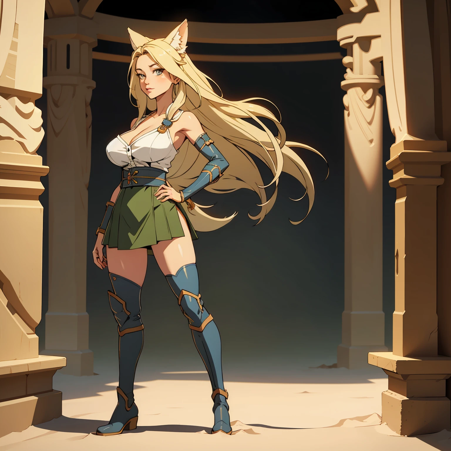 ((Full body photo, standing, feet on the floor)) Beautiful 1girl, full body, teenager, solo, (very long waist length blonde hair, straight blonde hair: 1.28), ((light blue eyes)), clear skin, (large darker fox ears: 1.35), pale skin, medium breasts, cleavage, (thin hips, thin waist , athletic body: 1.25),  background, looking away, (wearing cropped cloth tunic green, leather skirt, van braces, boots with shin guards, hair clip: 1.1), walking in the sand, masterpiece, best quality,3d rending work ,3DMM style, close-up, portrait, 3D,