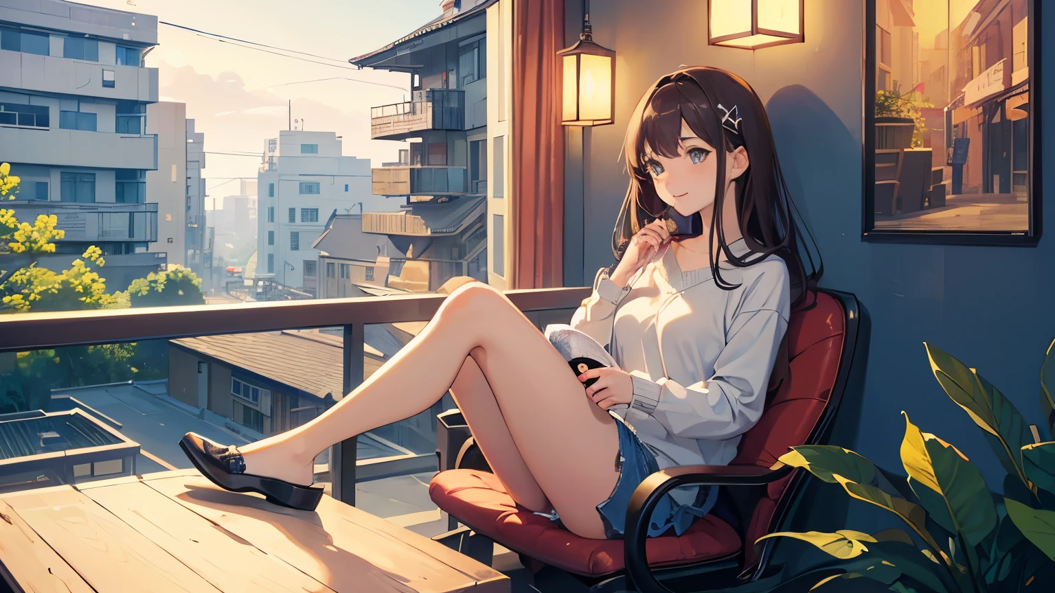 (Highest quality,masterpiece:1.2),Familiar,Perfect Face,Brown Hair,girl,Sitting on a chair,2D Anime Style,shape,Soft lighting,Bright colors,Sparkling ornaments,night,Peaceful atmosphere,Fun Background,Expressive eyes,A kind smile,Flowing Hair,、都市のnight景, Street lights and car lights visible from the window, A woman sitting by the window looking at a record player, Laid back LoFi beats, The eyes are nicely drawn