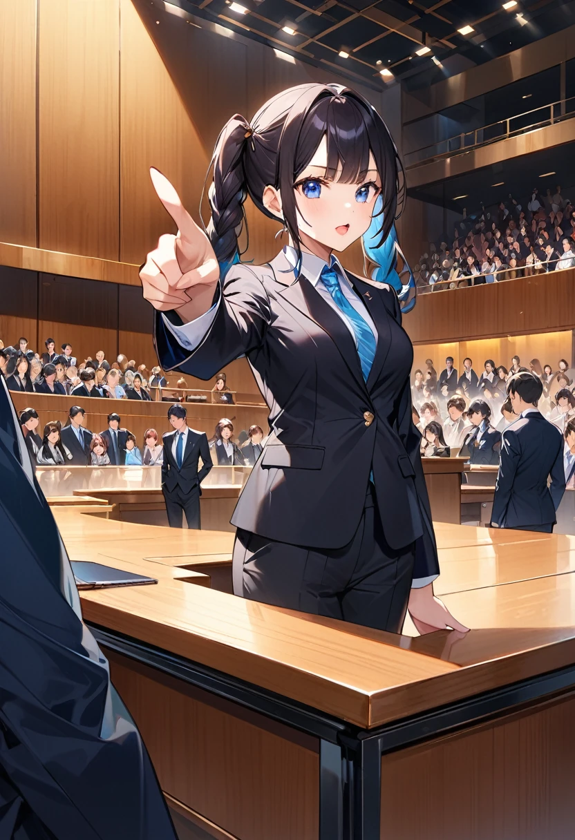 Highest quality、High resolution、Detailed Background、Beautiful face in every detail、Anatomically correct、Detailed facial expressions、fine grain、((full body, ((side shot:1.3)), looking away:1.5)), break　((One Girl、Chibi Girl:1.3))、(lawyer)、Jet Black Hair、Big beautiful blue eyes、light makeup, Angry face、Open your mouth and shout、Fuller lips、Pink Lips、Braided twin tails、break　(Luxury dark suit:1.3、Silk Shirt:1.3、tie、Black high heels)、break　((Stand on the desk:1.3))、Open your feet shoulder-width apart、Stand up straight、((Pointing in different horizontal directions:1.3)), (The background is the court、A lot of spectators）