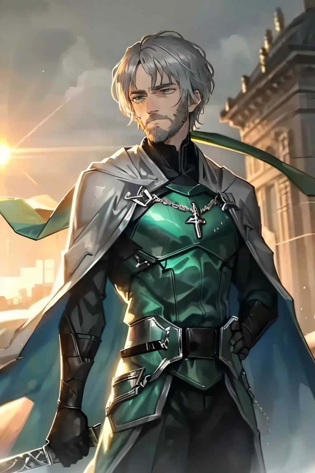 masterpiece, Highest quality, 1 person, elder, Green fancy clothes, Gray Hair, Green Eyes, short hair, Shiny Beard, good looking, Masculine, Severe, kind, cold, expensive, quiet, mysterious, Day, sun, heroic ,Outdoor, Cape, holding sword, sword
