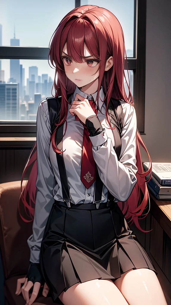 {{masterpiece}}, {{{Highest quality}}},{{Very detailed}},Sitting in a chair in an office with a serious expression,profile,from side,Cowboy Shot,｛{{Sitting in a chair in an office with a serious expression成熟した女性}}｝,{{疲労でSweatをかいている成人女性}},Sweat,Hold the arm with one hand　,sit,{{Blushing}},{{V-shaped eyebrows}},{{Long sleeve mini skirt uniform}},{{suspenders}},{{{}},{椅子にsit}},{},, ,{{}},{{Eyelet foot}},,{{}},{{}},,Slender body}}{{Female police officer}},,,,suspenders　,Long sleeve mini skirt uniform, White High Socks,Black fingerless gloves, Long Red Hair, Red tie,Straight hair ,Blunt bangs,.amountn loafer,,blush,Wrinkles ,amount,Grit your teeth,suffering,v-shaped eyebrows.,Sweat dripping,Medium chest ,get annoyed,,Inside the office,