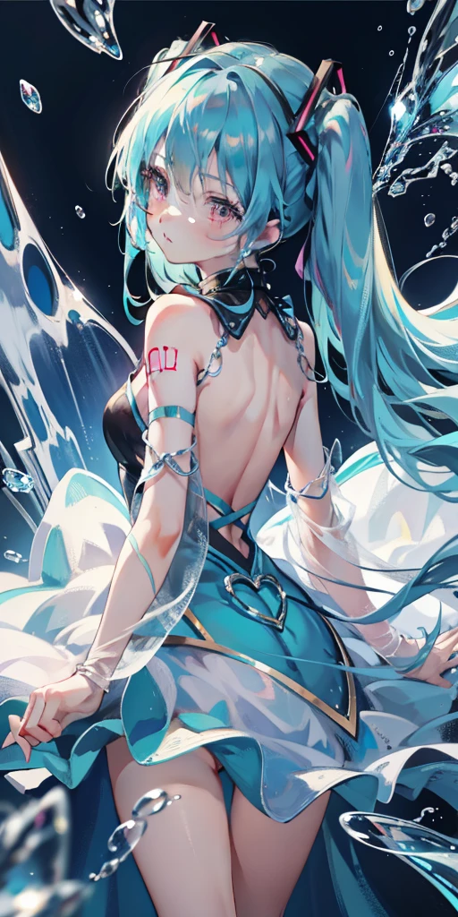blue theme, Hatsune Miku portrait,masterpiece, magic , (Impossible Dress:1.5), mini skirt, Gradient background, Silver-blue hair, , bangs,Side Chain, pink eyes, (ulzang-6500-v1.1:0.9), Medium chest, Chest, Thigh gap, Hair accessories, arching back, Black_witch_have,complicated_decorate,mystery_fountain,luminescent_crystal