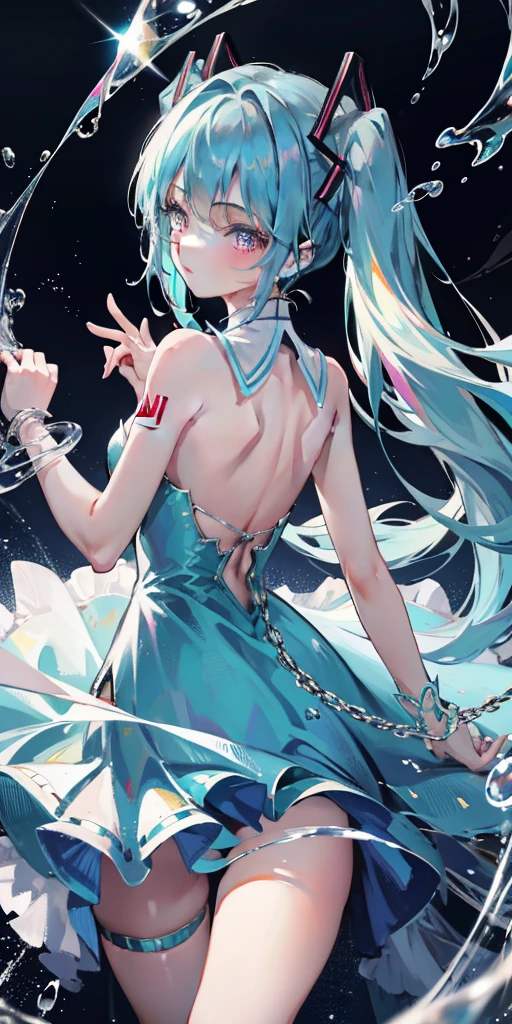blue theme, Hatsune Miku portrait，masterpiece, magic , (Impossible Dress:1.5), mini skirt, Gradient background, Silver-blue hair, , bangs,Side Chain, pink eyes, (ulzang-6500-v1.1:0.9), Medium chest, Chest, Thigh gap, Hair accessories, arching back, Black_witch_have,complicated_decorate,mystery_fountain,luminescent_crystal