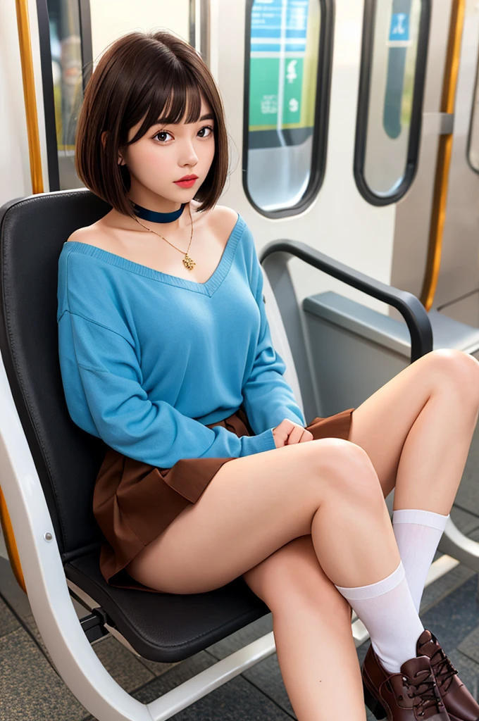 1girl, bob cut.solo,23yo. brown hair, looking at viewer, jewelry, full body, shirt, skirt, socks, brown eyes, bracelet, shoes, bangs, choker, black footwear, necklace .white panties.pantyshot, panties shot, woman, sitting, train, chair, her, legs, crossed, bench