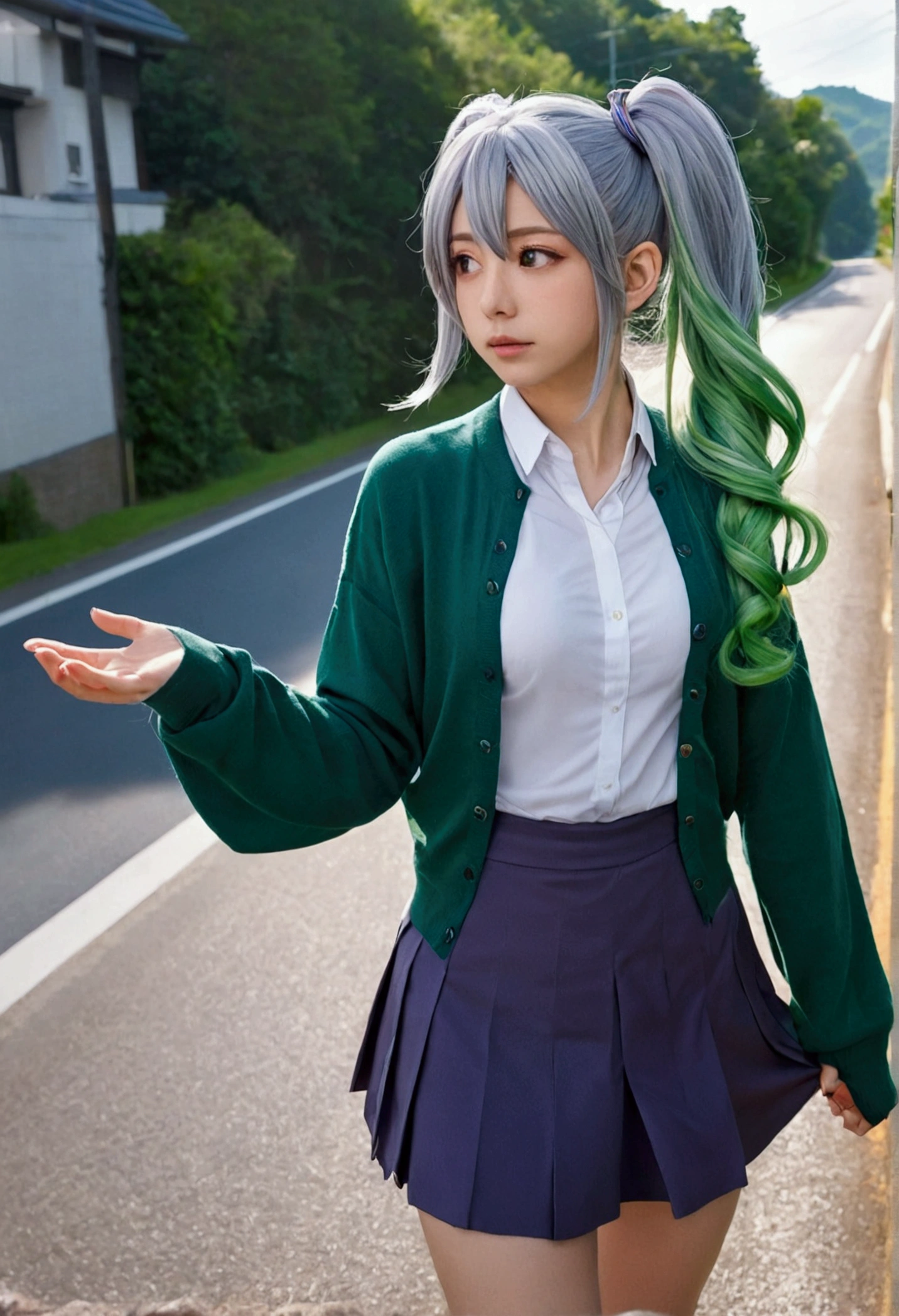 masterpiece , Highest quality,Nahida(Genshin Impact) ,One girl , Small breasts,Long Hair ,Side Ponytail, hair ornaments , Gray Hair , Green Hair , Place your hands behind your head:1.5,Multicolored Hair, Fairy , Pointed Ears , , skirt ,cardigan,road , street,Viewer looking at optical illusion