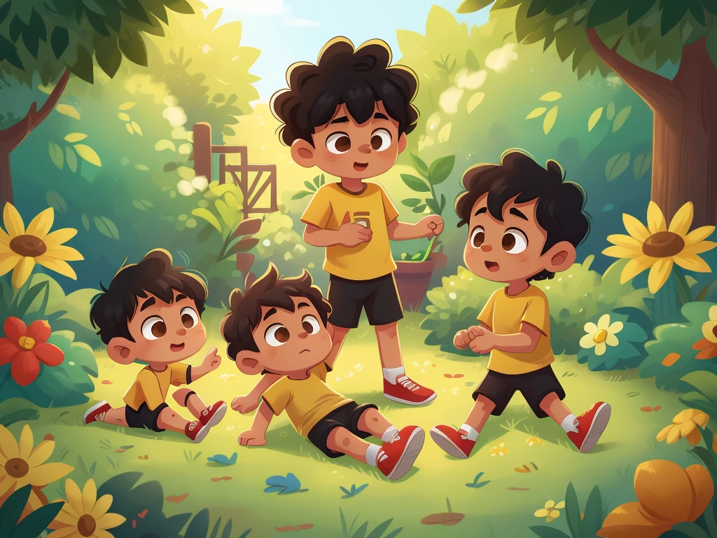 Illustration of one 3 years old baby black curly very short hair and brown eyes wearing yellow tshirt and black shorts and red shoes feel very tired and lazy and can't play with his friends background is garden with some children play with joy
