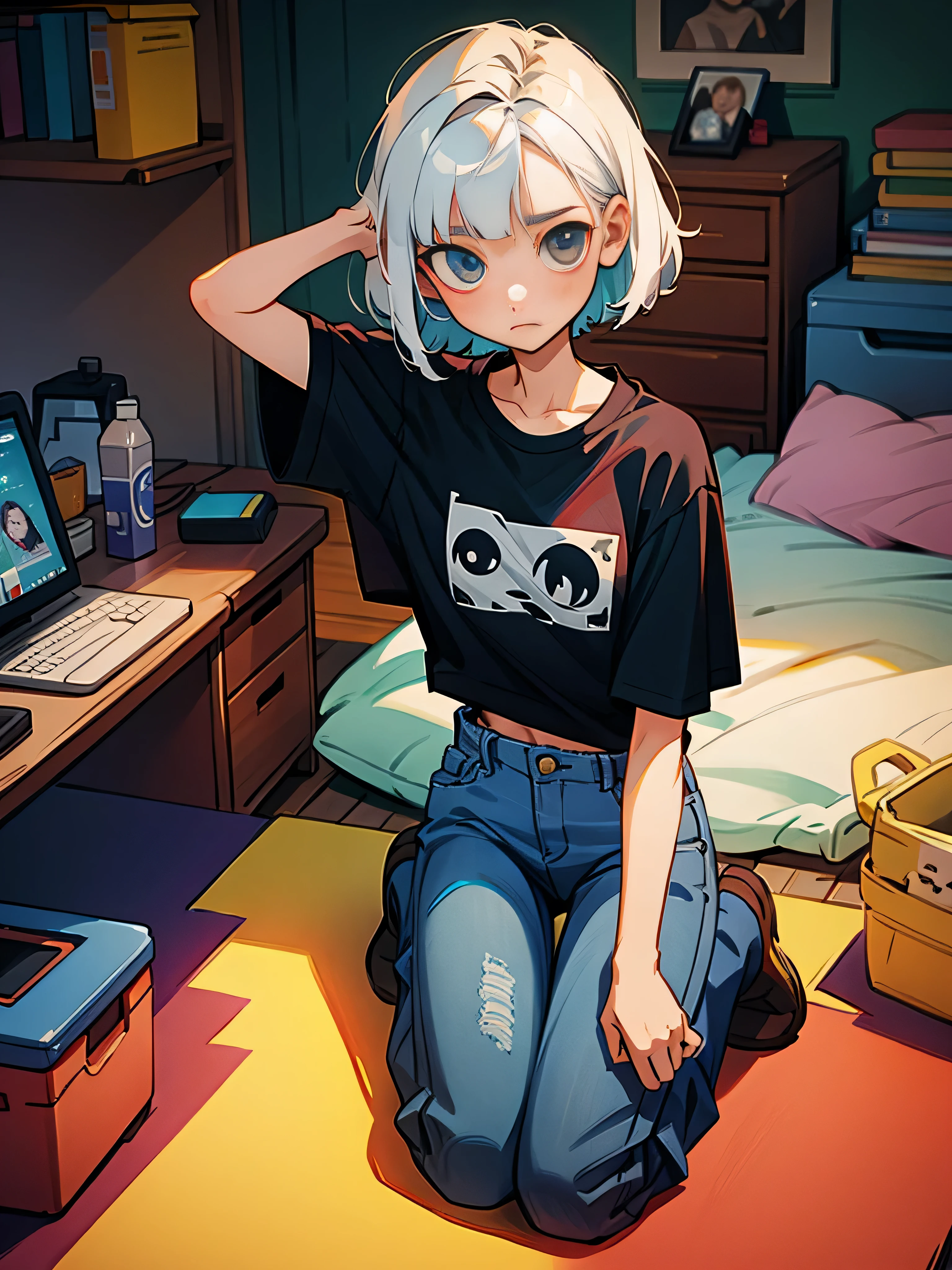 Short Bob20Teenage woman sitting in old messy room、Hair color is black、Baggy T-shirts and baggy jeans、Lots of retro cameras, Computer, wait. Falling to the floor