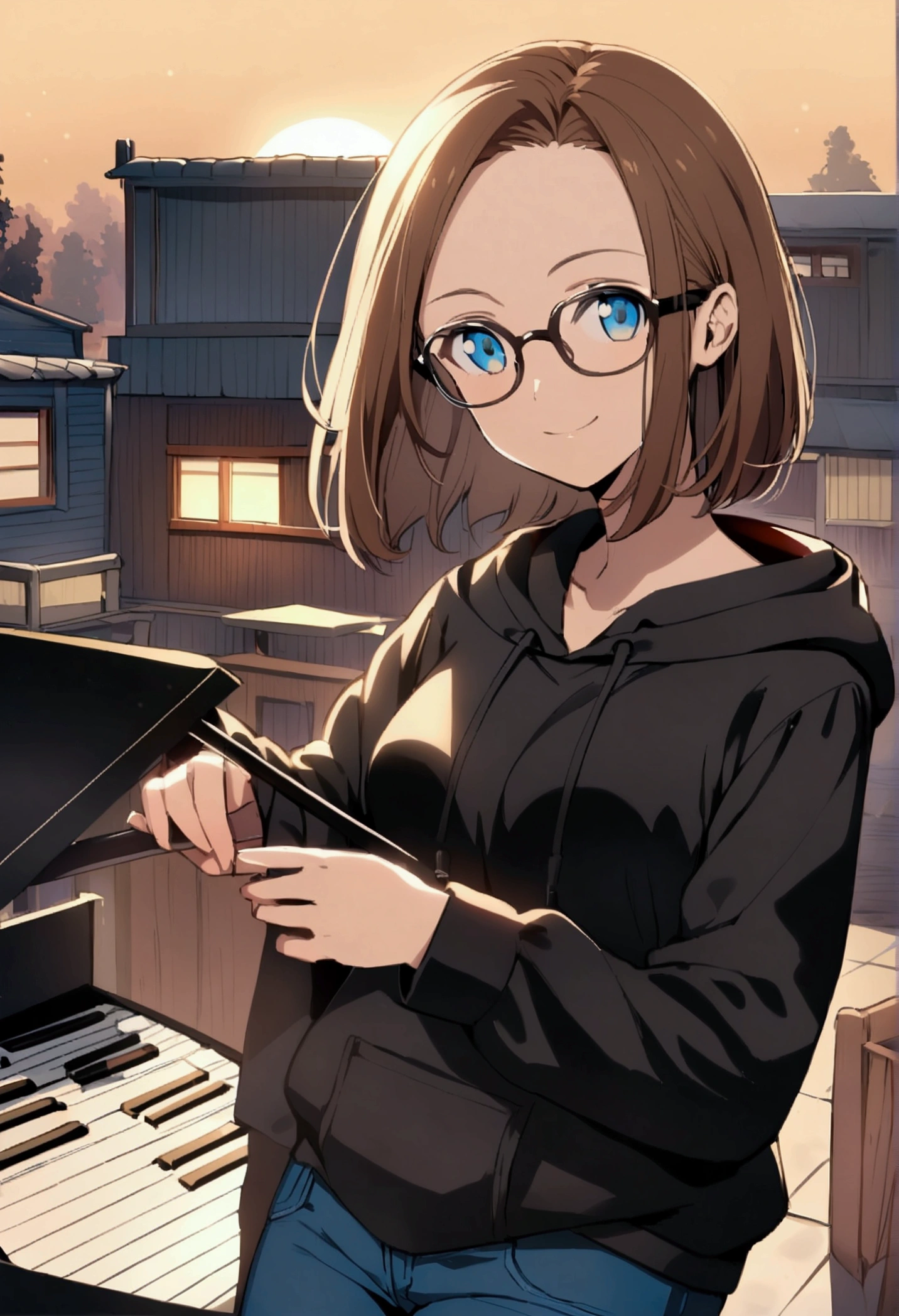 Alone, one person, anime woman (shoulder-length brown hair, blue eyes, black hoodie, jeans, dark-rimmed glasses, clear forehead, smiling uncertainly) with small mini piano in hand. Rising sun in the background.