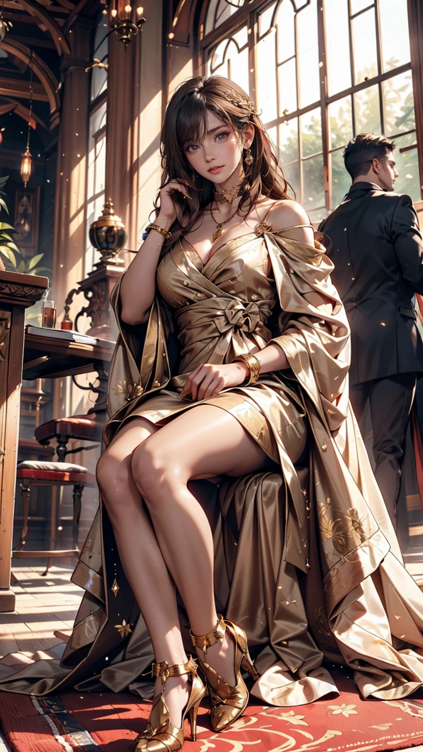 in the palace hall、A woman from the royal family in luxurious robes sits on the throne。She is surrounded by gold-decorated walls and light streaming in through large windows.、bracelet、choker、Upstyle your hair、Stiletto heels