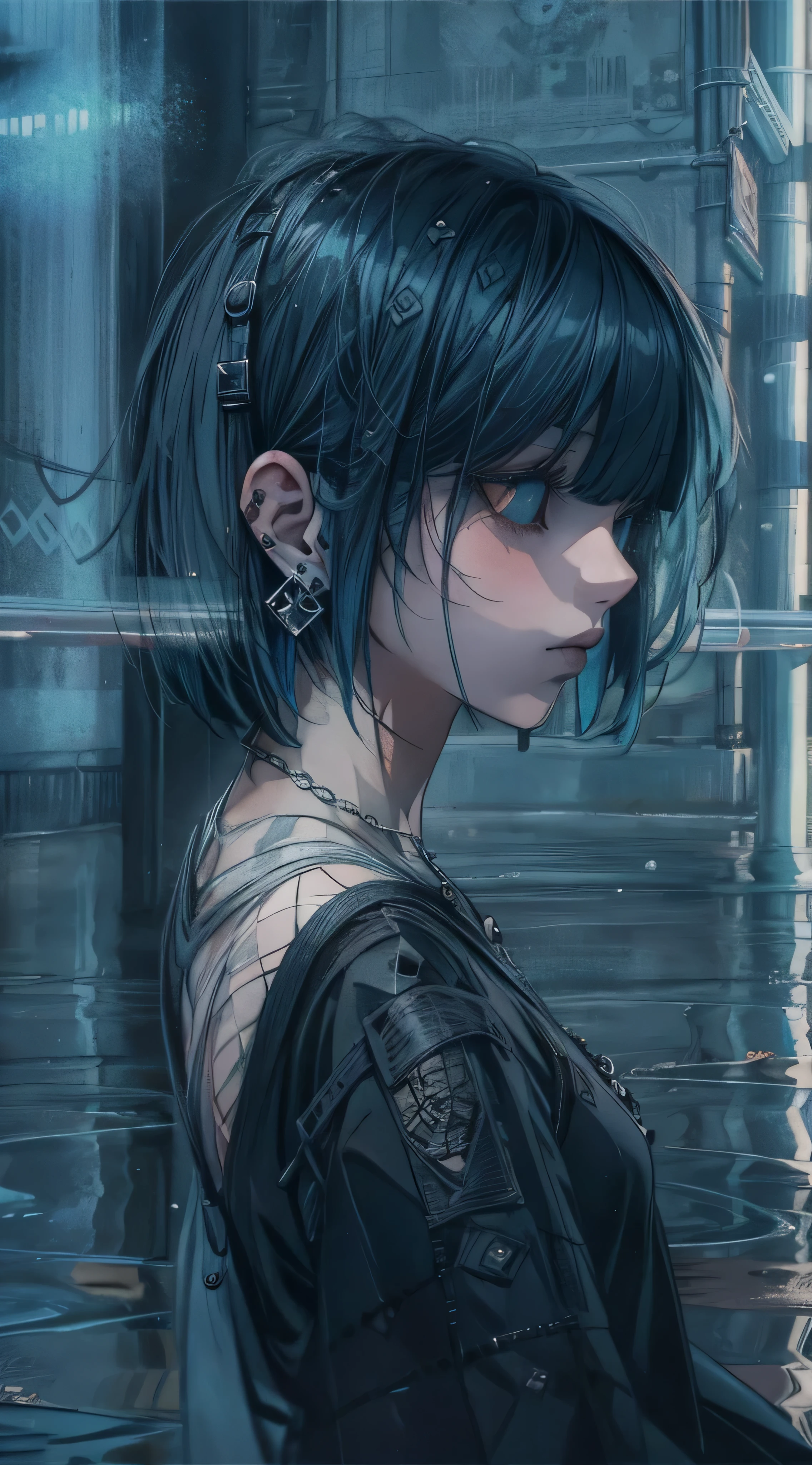 peace of mind, ｍUltimate Layered, Transparency, Asymmetric, One girl, alone, Brutal, Dark gothic punk, Earrings, Blunt bangs, Dark blue hair, Straight Short Bob, Water Mirror, Ultra Dynamic Angle, super dynamic posture, Super detailed, 8k.