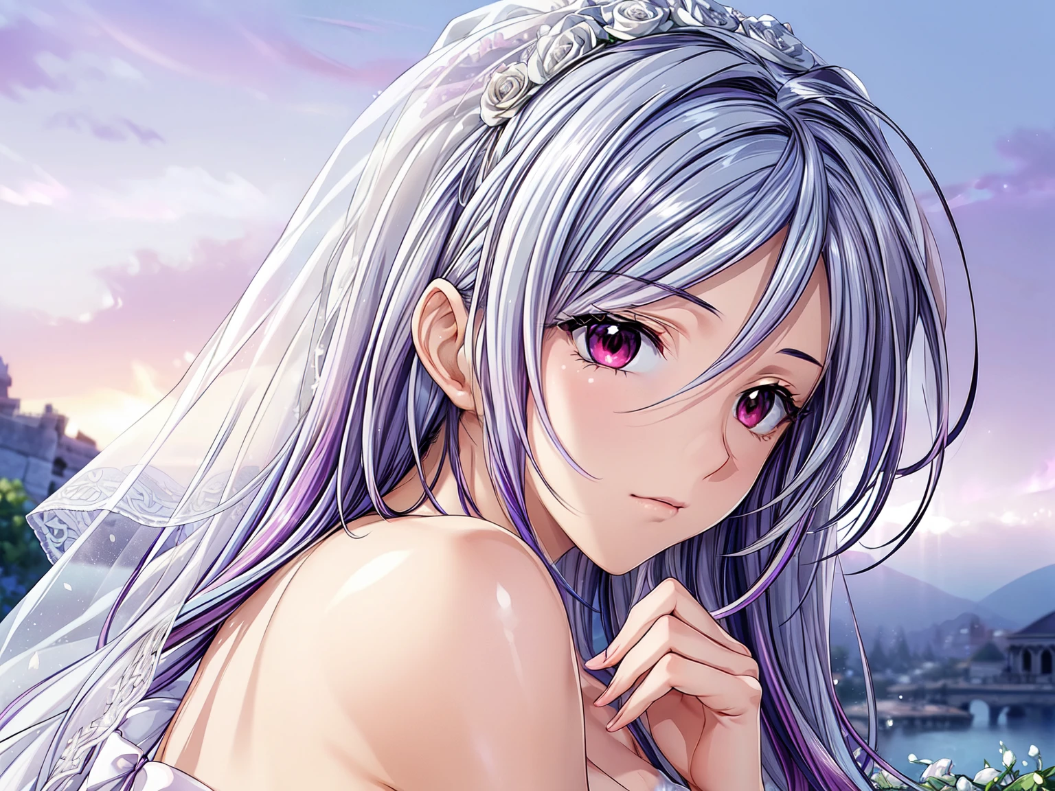 (masterpiece, best quality, beautiful and aesthetic:1.3), look back, side view, 1woman, solo, matured woman, (Silver blue hair streaked purple:1.4), (Gradient sky blue hair ends:1.6), hair strand, absurdly long hair, single sidelock, wavy hair, shiny hair, floating hair, (deep red eyes), delicate eyes, aqua eyes, super high detailed eyes, long upper eyelashes, makeup, Focus on face, Very detailed facial, Perfect breasts, hot body, (Delicate skin texture:1.2), bridal veil, lace-trimmed dress, see-through, wedding dress, outdoors, white roses, garden, morning, standing, extreme detailed, (A little embarrassing)