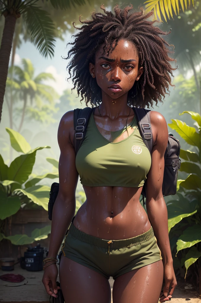 (best quality, masterpiece1.2), (detailed eye:1.2), intricate detail, depth of field, 20 years old girl, jungle, sunlight, (injury:1.2), crop top, (dark skin:1.5), twisted torso, backpack, outdoors, freckles, (sweat:1.2), standing, (looking away:1.3), blood, angry, embarrassed, curly hair, (from above:1.2), exploration,