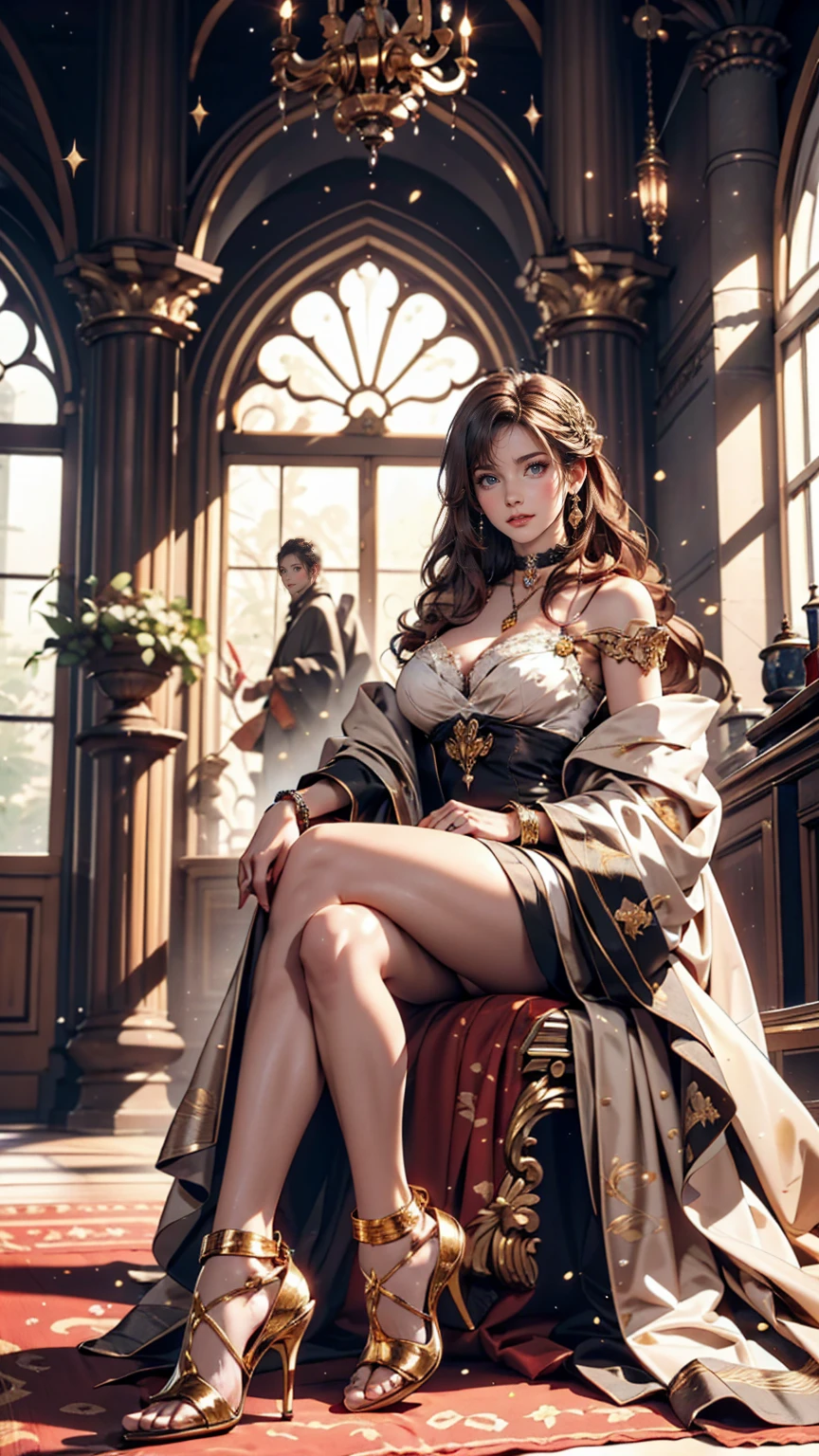 in the palace hall、A woman from the royal family in luxurious robes sits on the throne。She is surrounded by gold-decorated walls and light streaming in through large windows.、bracelet、choker、Upstyle your hair、Stiletto heels