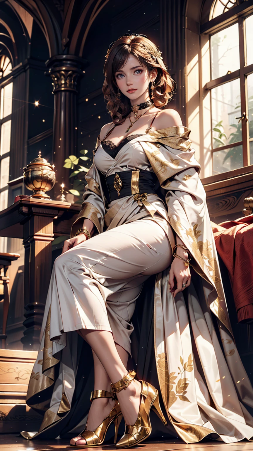 in the palace hall、A woman from the royal family in luxurious robes sits on the throne。She is surrounded by gold-decorated walls and light streaming in through large windows.、bracelet、choker、Upstyle your hair、Stiletto heels