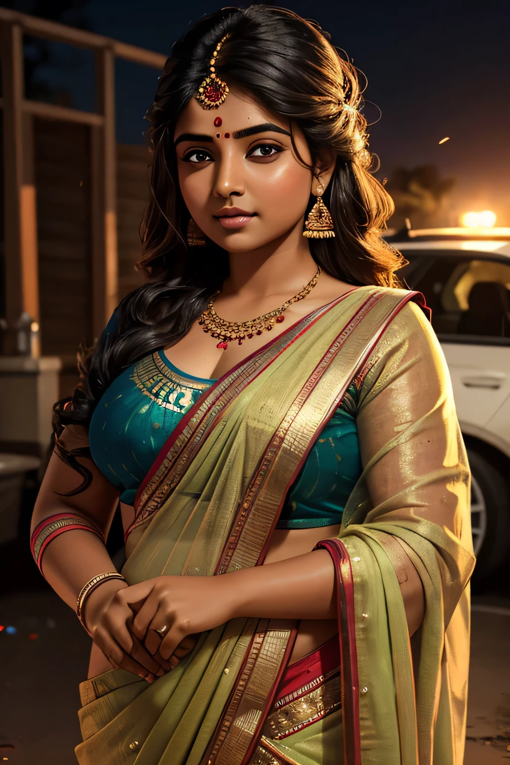 a chubby indian girl in a sari, beautiful detailed eyes,beautiful detailed lips,extremely detailed eyes and face,longeyelashes, washing a car, highly detailed, photorealistic, 8k, best quality, masterpiece, cinematic lighting, warm colors, glowing skin, intricate details