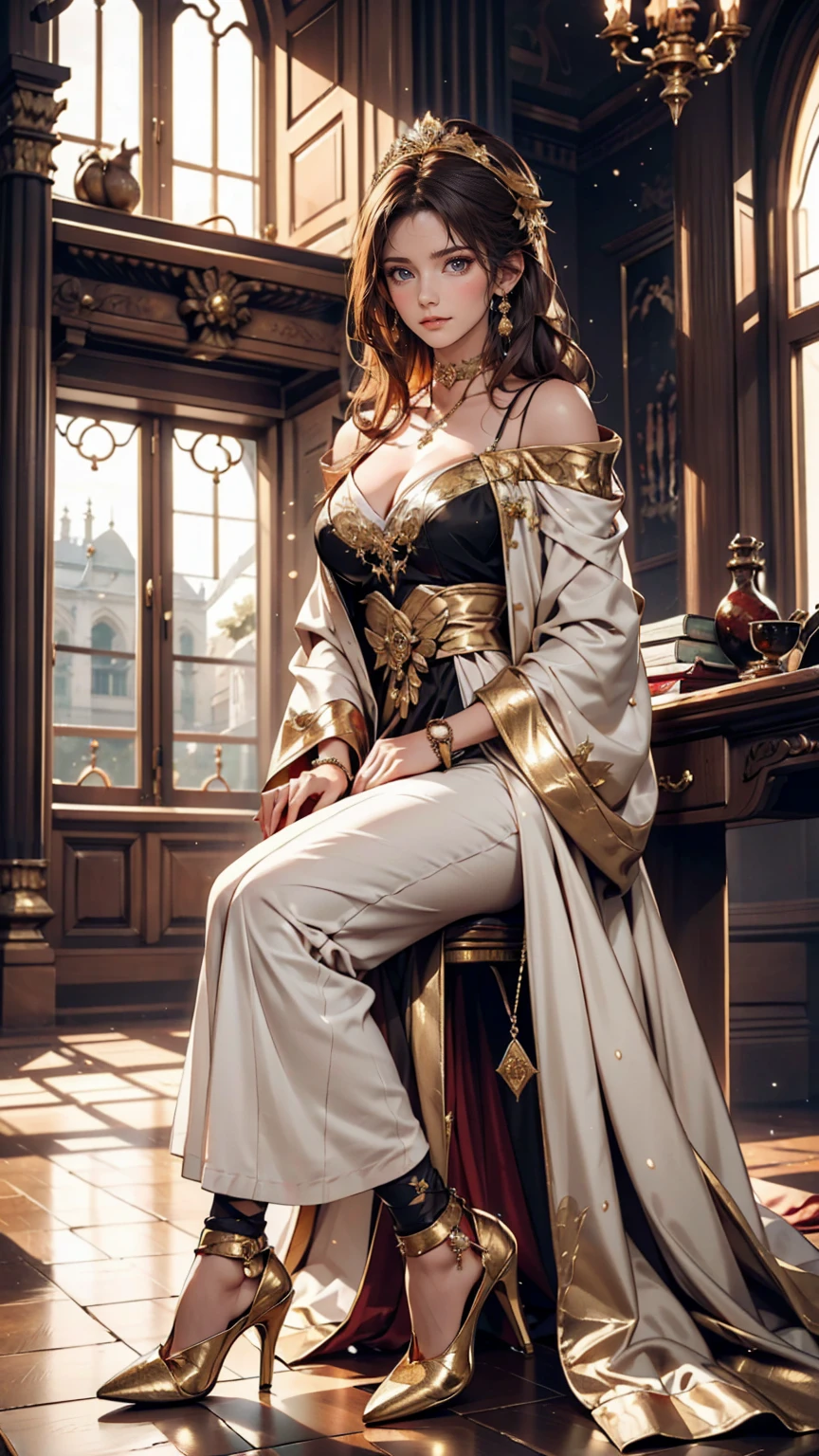 in the palace hall、A woman from the royal family in luxurious robes sits on the throne。She is surrounded by gold-decorated walls and light streaming in through large windows.、bracelet、choker、Upstyle your hair、Stiletto heels
