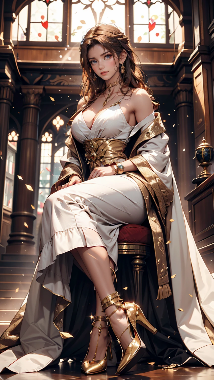 in the palace hall、A woman from the royal family in luxurious robes sits on the throne。She is surrounded by gold-decorated walls and light streaming in through large windows.、bracelet、choker、Upstyle your hair、Stiletto heels