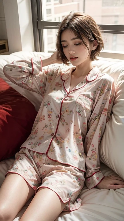 Sleeping girl, 22 years old, Realistic, She is wearing shorts, She is wearing floral pajamas, short hair.