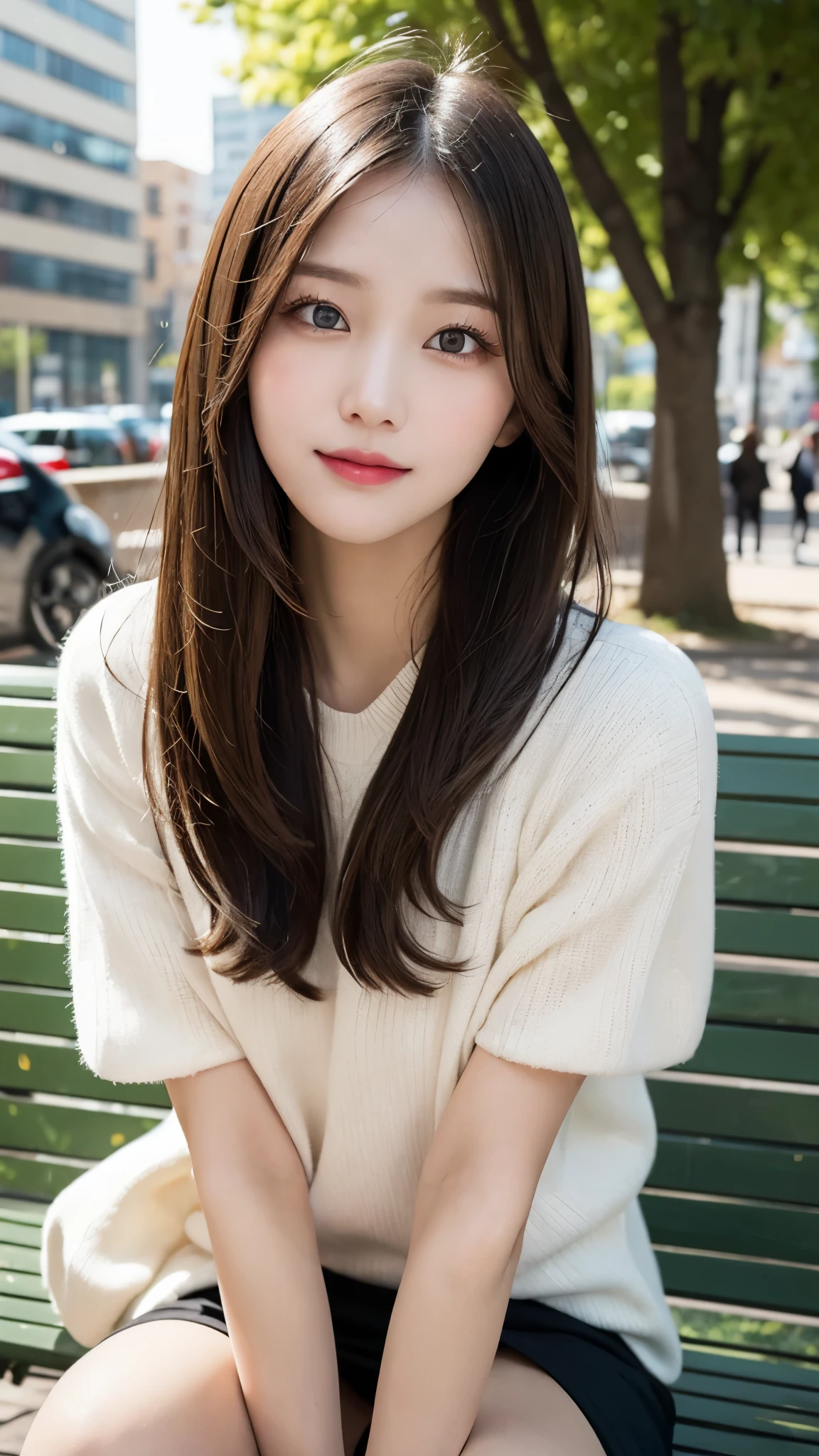 table top, highest quality, figure, super detailed, finely, High resolution, 8k wallpaper, Perfect dynamic composition, beautiful and fine eyes, winter dress,medium hair, park bench、small breasts, Natural color lip,smile,big city、20 year old girl、midnight、beautiful and detailed face、perfect and beautiful face、slim face and style,spread your arms wide,Big eyes,Take a photo from below the knees at a face angle