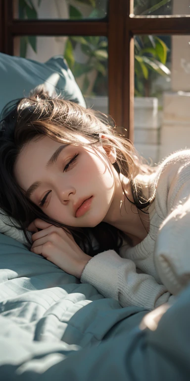 (masterpiece: 1.2, Portraiture, Highest quality), Realistic, (Live Action, Intricate details, Written boundary depth), Highest quality, masterpiece, Attention to detail, semi-Realistic, sleeping in bed, shy, 21 years old, Short Blonde, blue eyes, pajamas, Slim figure、Canopy bed、 sleeping beauty,