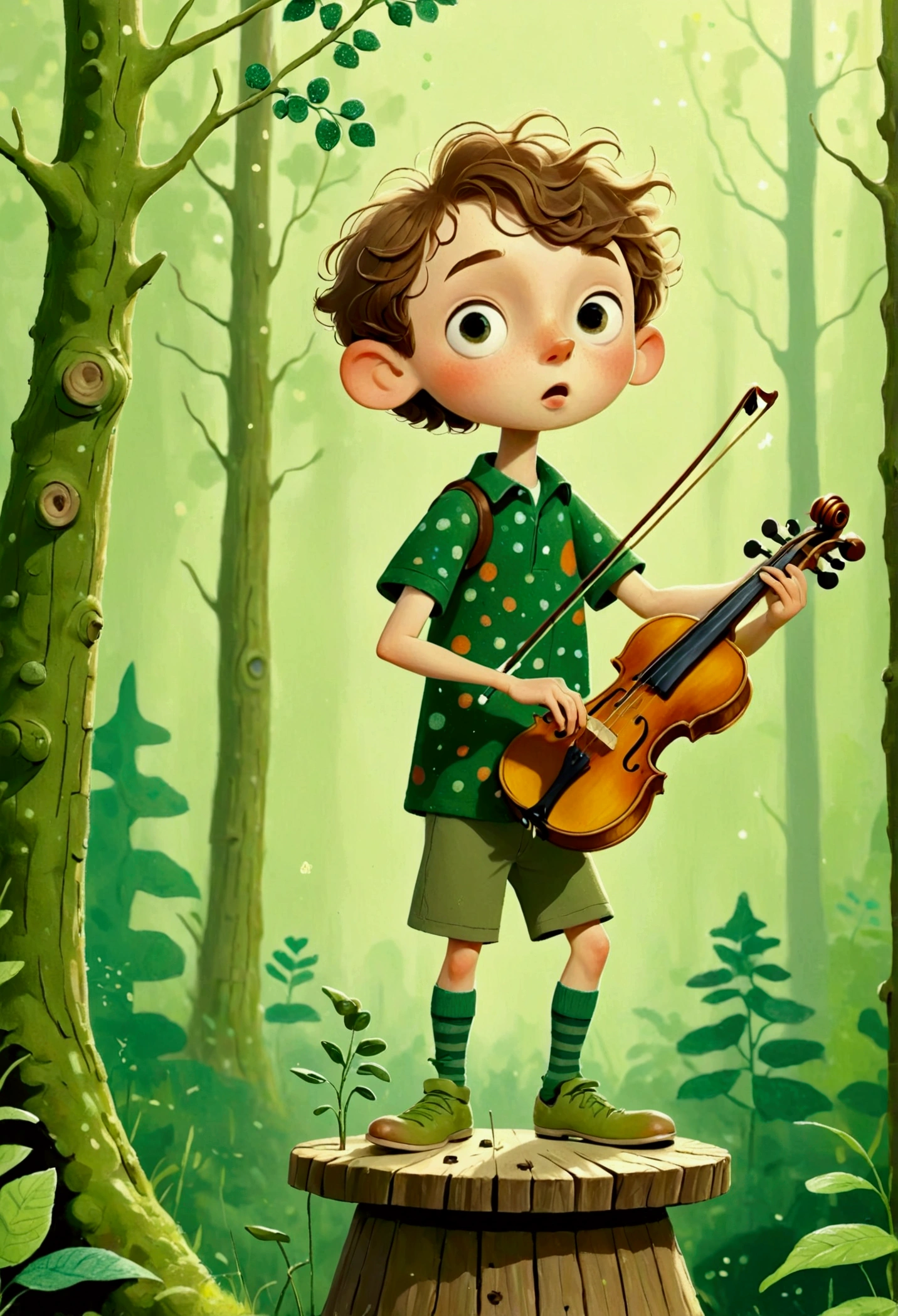 Cute hand drawn style,Pointillism method,Little boy standing on a wooden stake playing violin,Fear of heights,whole body,Small animals in the forest,Green Theme,Trypophobia,Solid color background