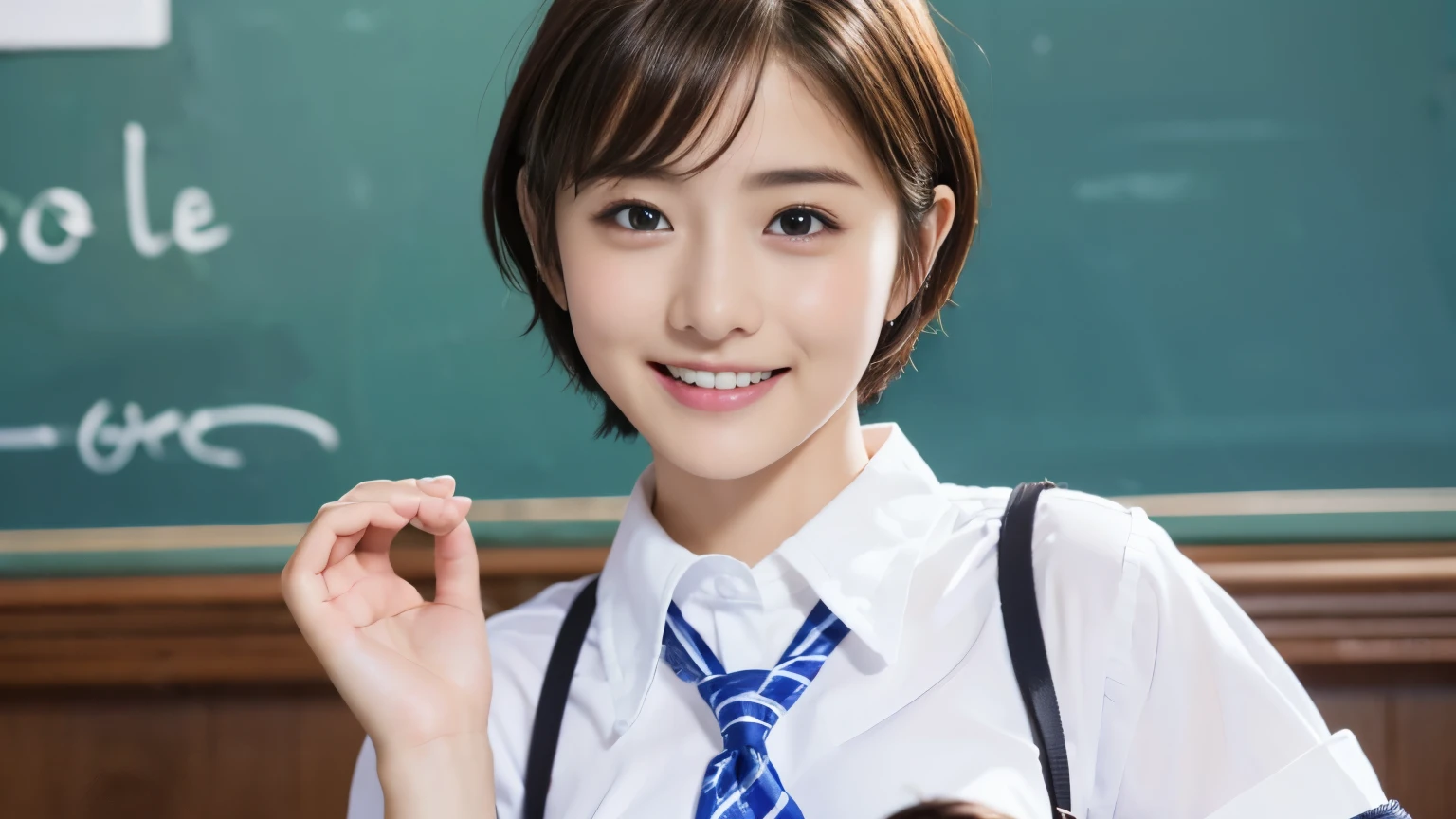 Highest quality、shape、 Very detailed、finely、 High resolution、8k wallpaper、完璧なダイナミックな構shape、Beautiful 17 year old girl、A neat and mature high school girl、Beautiful face in every detail、Beautiful eyes in every detail、Rough skin、A faint smile、Small breasts、inside a stylish cafe、((Schoolgirl uniform、short hair:1.4))、((Looking at the audience、smile))、((White open shirt、Loose tie:1.3))、Photo taken at a cafe