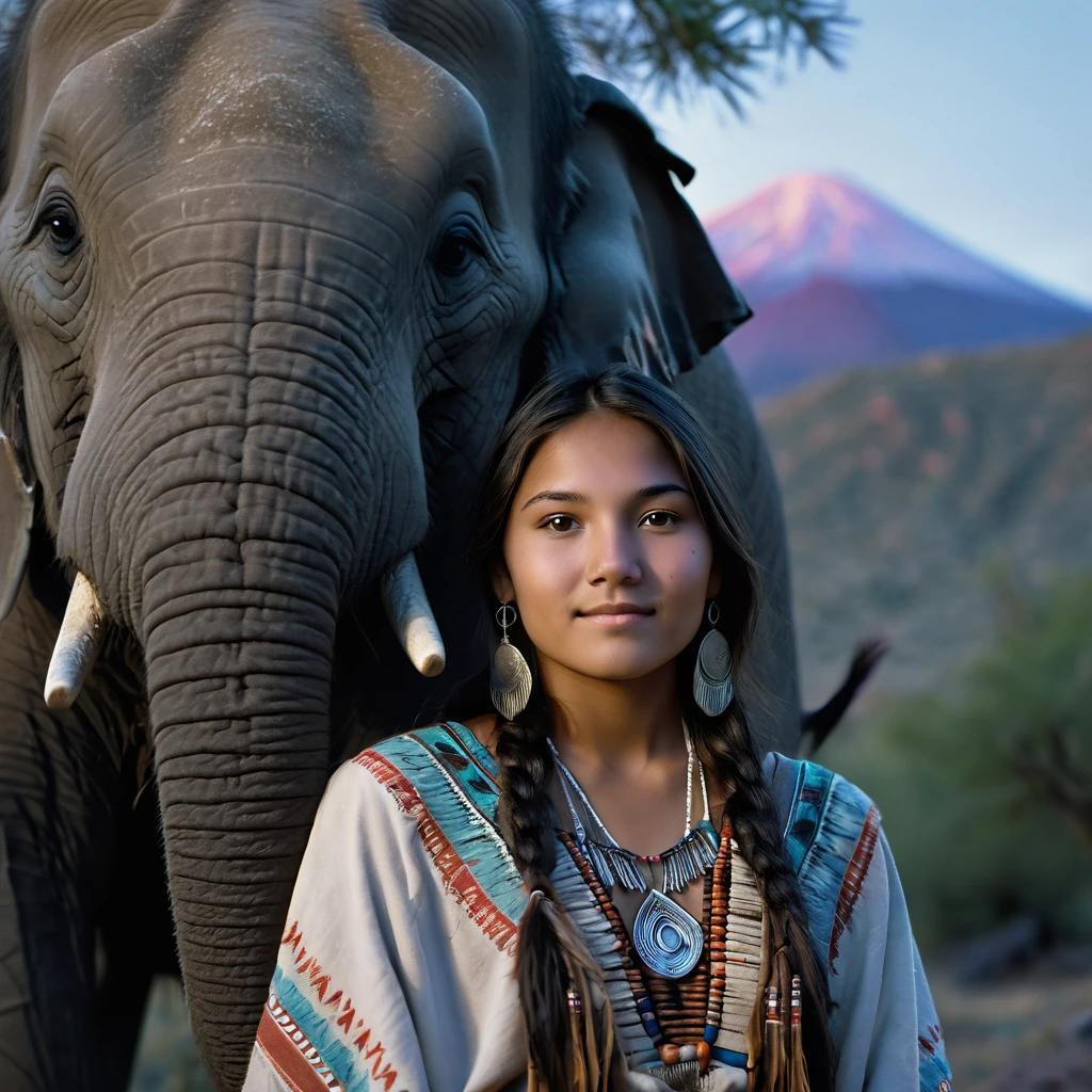 (grainy:0.5), cinematic, beautiful girl 25 year old,native american,fantasy,(solo:1.3), detailed eyes, detailed face, detailed native american clothing , volumetric lighting, dusk, extremely detailed background, standing next to tree and mountain, smiling, half closed eyes, tilted head, from side, sitting next to her elephant