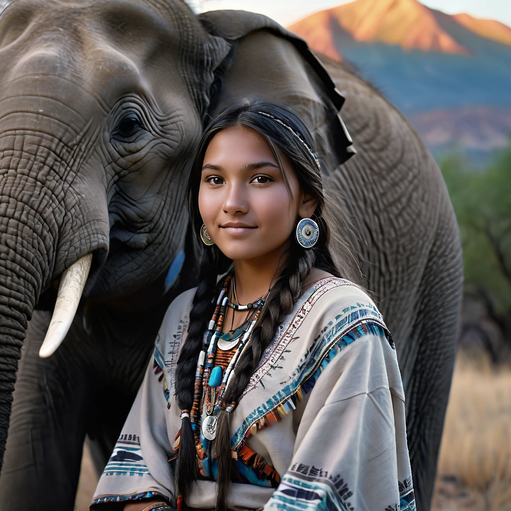 (grainy:0.5), cinematic, beautiful girl 25 year old,native american,fantasy,(solo:1.3), detailed eyes, detailed face, detailed native american clothing , volumetric lighting, dusk, extremely detailed background, standing next to tree and mountain, smiling, half closed eyes, tilted head, from side, sitting next to her elephant