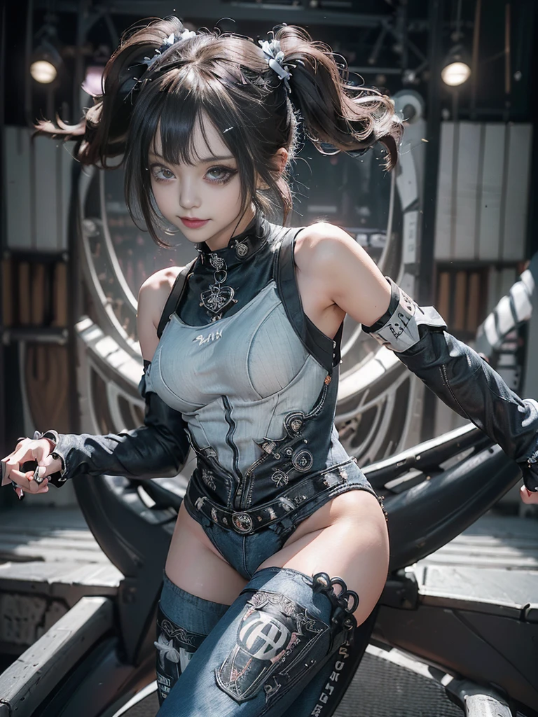 (Full body view:1.4)、(Full Body View:1.2)、(Smiling with teeth showing:1.3),(Shibuya Gal:1.5)、(Gothic Lolita style fashion:1.5)、(Punk RockVisual Kei:1.5)、(Wearing a rhythmic gymnastics bodysuit with intricate details:1.4)、(Racing suit and pants with delicate decorations in white, denim and charcoal:1.5)、(Denim and light blue and white boots:1.3)、((belt))、(Numerous delicate logo marks all over the costume:1.4)、(collar:1.3)、(Striped underwear:1.5)、20-year-old、NSFW、((Highest quality、In 8K、masterpiece:1.3))、Sharp focus:1.2、(Layered Cut、Huge boobs:1.1),Beautiful woman with perfect figure:1.4、(Dancing vigorously:1.3)、Slender Abs:1.2、Highly detailed face and skin texture、Detailed eyes、double eyelid,(Twin tails:1.3)、(Brown Hair:1.3)、Gravure idol、(The background is the stage of the fashion show:1.3)、(Slim Body:1.3),(Make your legs thinner:1.4),(clavicle:1.1)、(Thin and slim thighs:1.3)