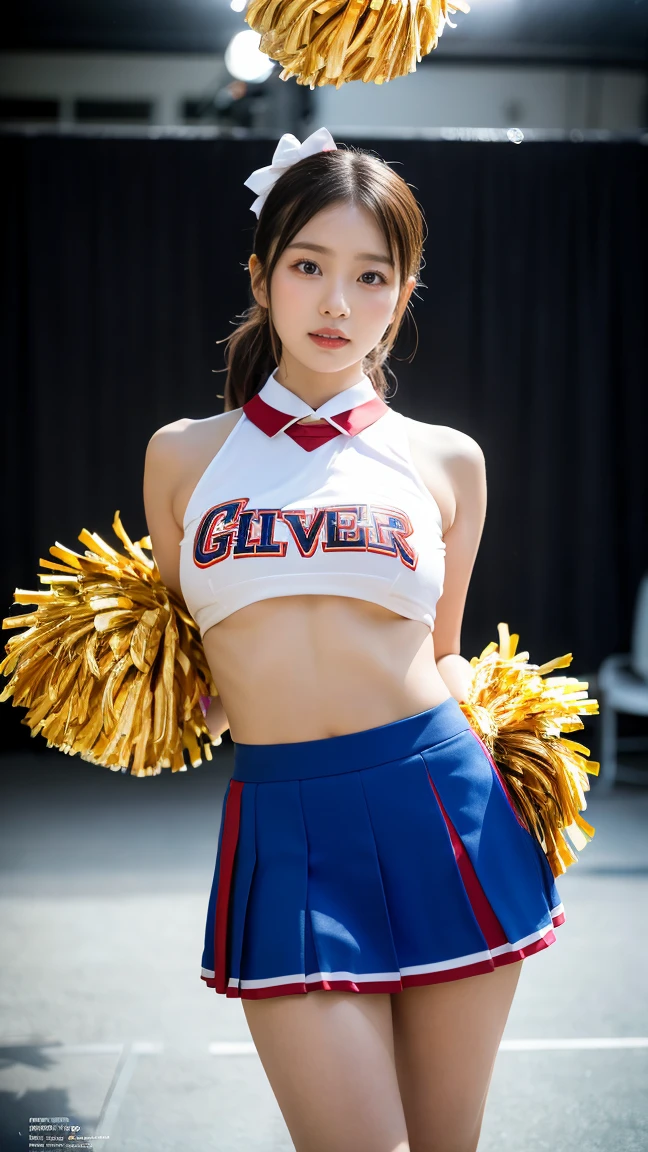 (8k, RAW Photos, Highest quality, masterpiece:1.2), (Professional photography, Full Color, Studio-level color grading), (High-end fashion magazine gravure quality), break,18-year-old girl, (Low Ponytail:1.1), Big Natural Color Lip, Plump body, (Smooth Skin:1.1), (Huge breasts:1.0),(((topless))), break, (Cheerleader:1.5),(mini skirt), break, Hotel Rooms, stand, Harajuku Style