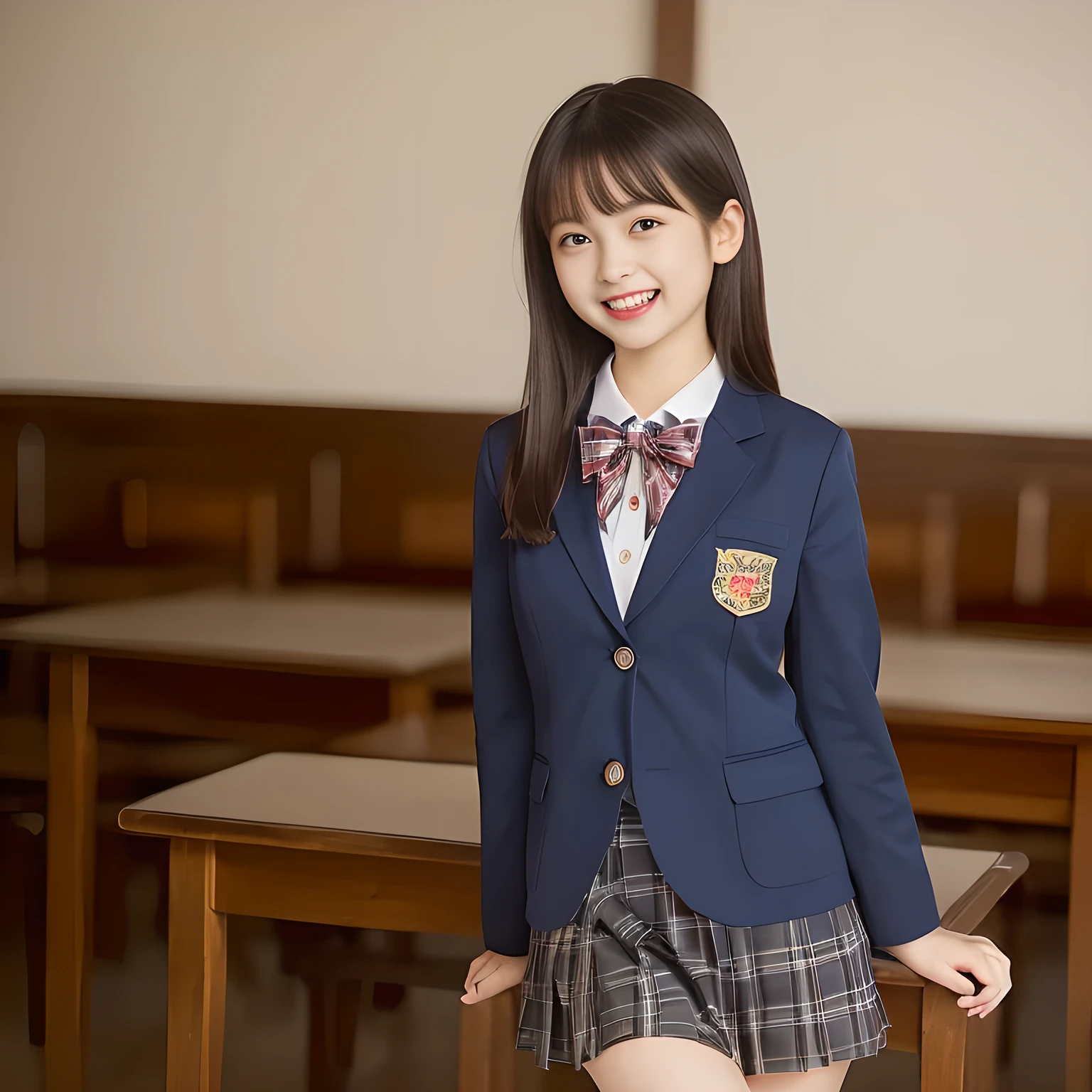 (Highest quality, masterpiece:1.2), Highest quality, High resolution, 1080P, 8k, height: 158cm, ((A noble, graceful and intelligent girl who looks like a best fat proportion Japanese young lady is turning around and giggling in a strong wind)), ((So sweet, very noble, neat, and pretty Japanese beautiful cute girl)), ((A real, very girly, sweet, cute and noble girl)), ((((A 14yo beautiful Japanese cute fashion model)))), ((((Very pure white face and limbs)))), Glossy Lips, (Evenly cut bangs), ((Very beautiful, droopy, cute, pure, noble brown eyes)), ((Super long, black straight hair that reaches the floor)), (Very shiny, glossy Lips), ((Beautiful straight hair like a school promotion model)), Watch at you, ((Incredibly well organized, Rich facial expressions)), ((Plump and beautiful white skin and face)), ((Pure, clear, gentle brown eyes)), ((staring at me)), Glossy Lips, ((noble and elegant)), Very beautiful blue skirt, ((Large upward-curving lips)), White Hand, ((((Navy Japanese school blazer with noble golden emblem)))), ((Navy and sapphire blue Japanese school uniform)), ((Light-blue tartan check pattern pleated long skirt)), ((Cobalt blue string chest ribbon)), ((((An ecstatic expression of boundless joy)))), ((plain white background: 1.0)), ((perfect fat body)), (((hair beauty magazine for young girls))), (Double eyelids, graceful noble eyes and faces with well balanced and carefully detailed:1.6)