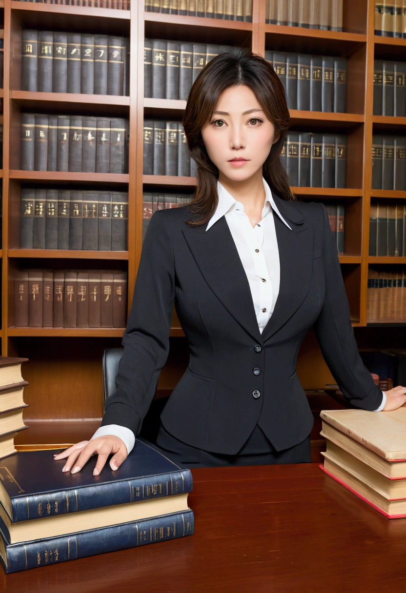 japanese female lawyer, gigantic breasts, business suits, tight skirt, cleavage:-2, (buttoned shirts:1.3), Law Firm, she is sitting at a desk with a shelf full of law books behind her.