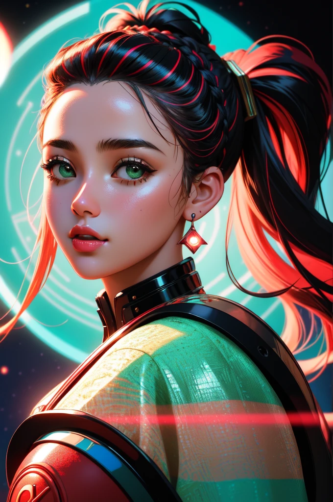 1girl, (designed by Thomas Wrede:0.7) and (Spike Lee:1.1) , awardwinning Redshift render, intricate details, medium wide shot of a voluptuous Israeli (Female Ceasar:1.3) , she is very Ruined and Unadvised, she has Ponytail hairstyle, Unattractive roots in background, Psychadelic fauna and Universe in background, at Overcast, equirectangular 360, Rough sketch, Grim, Queercore Art, electric red lighting, Low shutter, Mint green and Vibrant neon hue, Luminism, glimmering transformation, photo-realistic face, perfect skin, Unsplash, professional