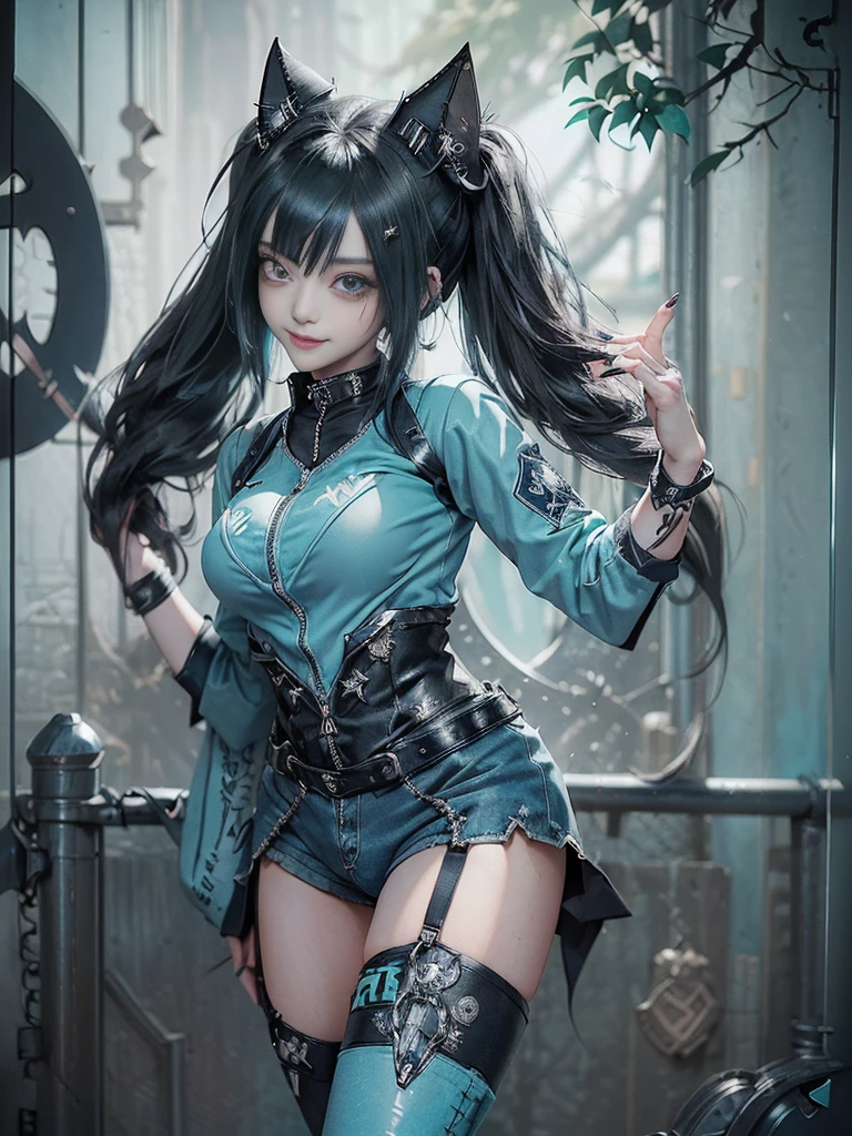 (Full Body View:1.4)、(Full body view:1.4)、(Smiling with teeth showing:1.3),(Shibuya Gal:1.5)、(Maid café clerk:1.5)、(Punk RockVisual Kei:1.4)、(Turquoise, navy and denim medieval noble zip up:1.5)、(Navy and white arm covers and bugle pants:1.5)、(Blue high heels:1.3)、(Wearing silver accessories:1.5)、(Dark brown collar:1.4)、(Leather garter belt:1.4)、(Brown Skin Belt:1.3)、(Black lace underwear:1.5)、20-year-old、NSFW、((Highest quality、In 8K、masterpiece:1.3))、Sharp focus:1.2、(Layered Cut、Huge boobs:1.1),Beautiful woman with perfect figure:1.4、(Doing an aerobics pose:1.3)、Slender Abs:1.2、Highly detailed face and skin texture、Detailed eyes、double eyelid,(Twin tails:1.3)、(Black Hair:1.3)、Gravure idol、(A fairytale-like cafe with a lush tree background:1.3)、(Slim Body:1.3),(Make your legs thinner:1.4),(Thin, thin thighs:1.3)、(clavicle:1.1)