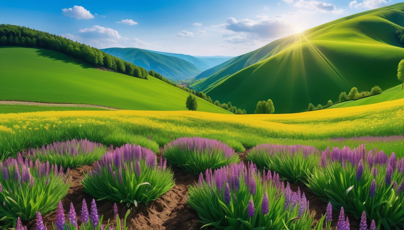 photo of a colorful flower field, surrounded by green hills, spring scene,first-person view, panorama, UHD,(Best Quality),(Masterpiece Photos), (Details:1.4),(8k Highly Detailed)(Best Quality),(Best Shading)