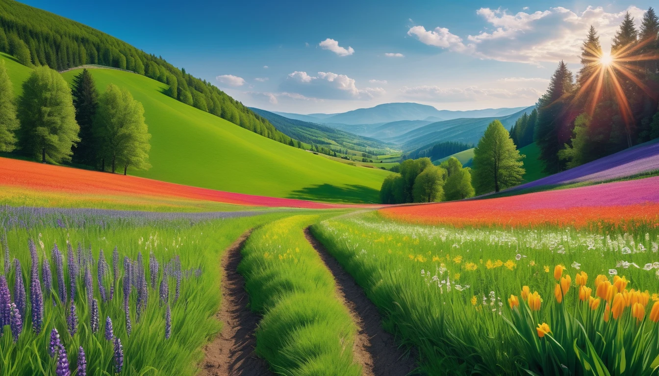 photo of a colorful flower field, surrounded by green hills, spring scene,first-person view, panorama, UHD,(Best Quality),(Masterpiece Photos), (Details:1.4),(8k Highly Detailed)(Best Quality),(Best Shading)