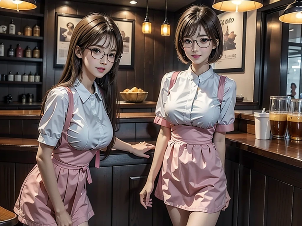 ((2 Japan schoolgirl)), ((2 Cute Girls)), (waitress), Are standing, perfection female form, perfection face, Glossy pink lips, Expressive eyes, eye shadow, eyeliner, Huge natural breasts, (Narrow waist), light brown hair, short hair, (floating hair), expressive hair, (over-rim glasses), long eyelashes, (sales smile), coffee shop, working, wipe the desk, (cowboy shot), UHD, masterpiece, accurate, anatomically correct, textured skin, super detail, high details, high quality, best quality