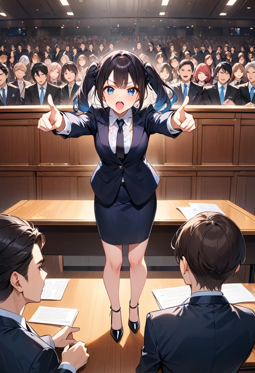 Highest quality、High resolution、Detailed Background、Beautiful face in every detail、Anatomically correct、Detailed facial expressions、fine grain、((full body, ((side shot:1.3)), looking away:1.5)), break ((One Girl、Chibi Girl:1.3))、(lawyer)、Jet Black Hair、Big beautiful blue eyes、light makeup, Angry face、Open your mouth and shout、Fuller lips、Pink Lips、Braided twin tails、break (Luxury dark suit:1.3、Silk Shirt:1.3、tie、Black high heels)、break ((Stand on the desk:1.3))、Open your feet shoulder-width apart、((Stand up straight:1.3))、((Two hands pointing in different horizontal directions:1.3)), (The background is the court、A lot of spectators)