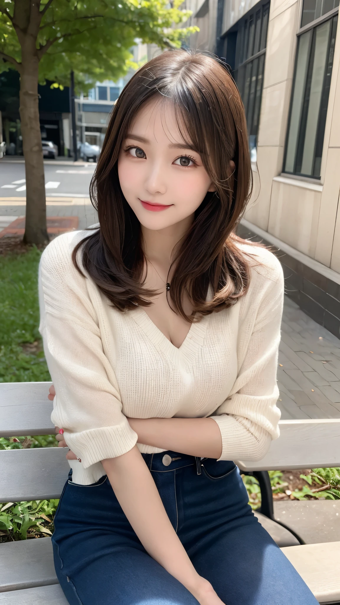 table top, highest quality, figure, super detailed, finely, High resolution, 8k wallpaper, Perfect dynamic composition, beautiful and fine eyes, winter dress,medium hair, park bench、small breasts, Natural color lip,smile,big city、20 year old girl、midnight、beautiful and detailed face、perfect and beautiful face、slim face and style,spread your arms wide,Big eyes,Take a photo from below the knees at a face angle