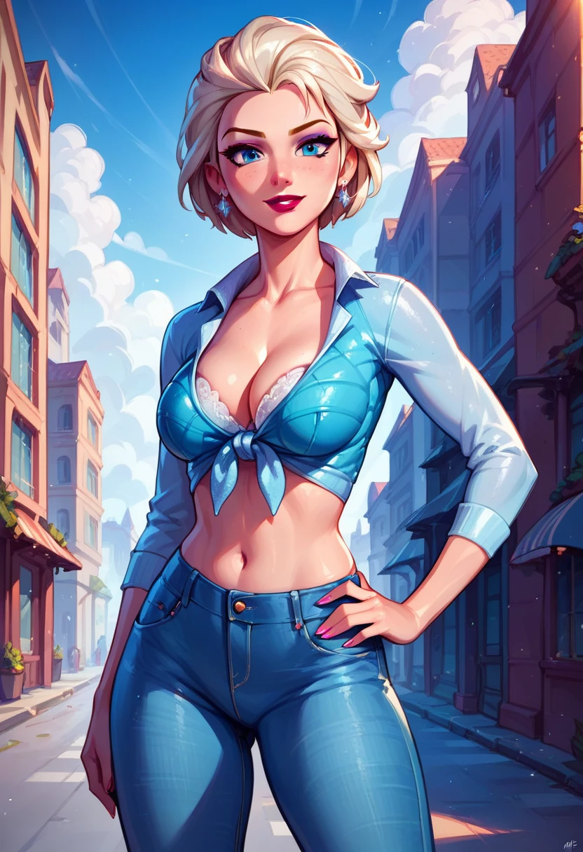 score_9, score_8_up, score_7_up, score_6_up, elsa, short hair, skintight jeans, and (front tie wrap blouse:1.2), cinematic lighting,, looking at viewer, hand on hip, city background.