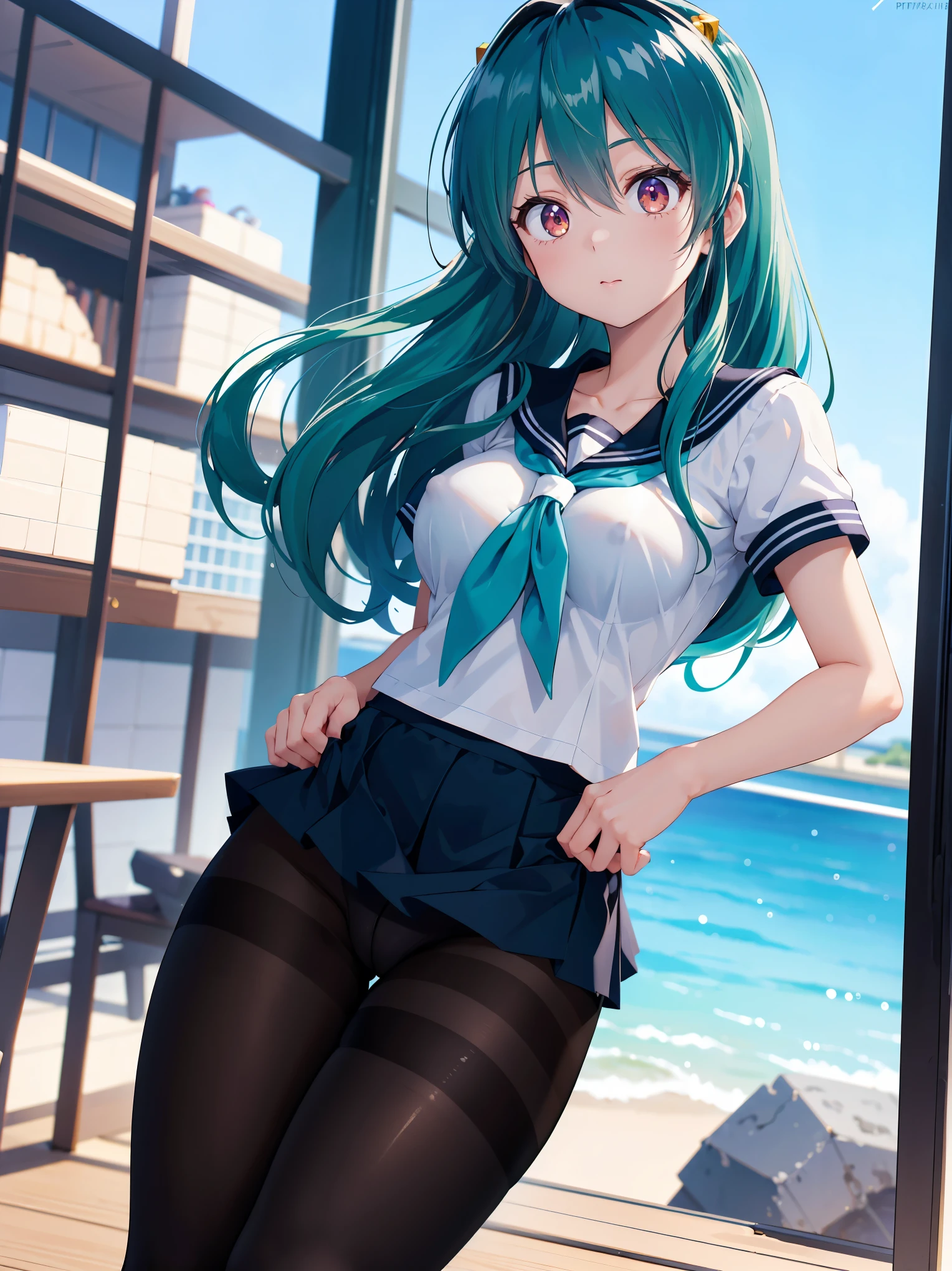 (1 Girl:1.2),(high quality), (High resolution), (Very detailed), (8k),(Demolition paperback correct)、Urusei Yatsura、Ram-chan、Sexy Lingerie、Wearing a sailor uniform、((Focus on the whole body))、Nipple Shape、((Black Pantyhose))、Hair messed up by the strong wind、Neutral White Lighting,Sexy pose、