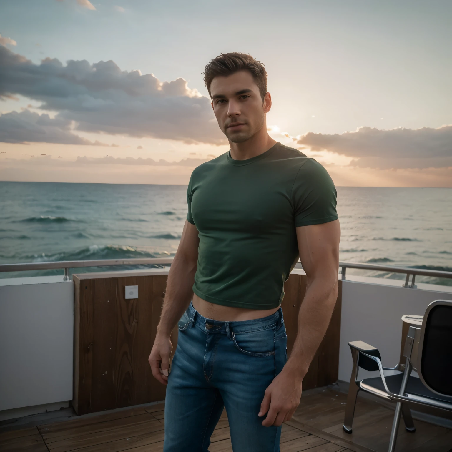 ((Handsome 35 year old caucasian male with desireable features standing on the Santa Monica Pier at sunset, ferris wheel in background)), BREAK, (medium length light brown hair, cropped sides, clean shaven face, no facial hair, intriguing green eyes), BREAK, black shirt, blue jeans, athletic physique, bright outdoor lighting highlights his excellent features