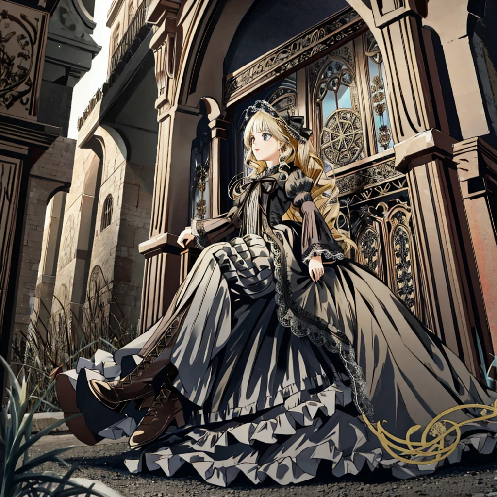A woman wearing a dress and boots is standing in front of a building, Baroque Dress, Detailed steampunk dress, Elegant Gothic Princess, Victorian Gothic Lolita Fashion, 歴史的なBaroque Dressダーク, Black Gothic Lolita Dress, Fantasy style clothing, Rococo Dress, Black Rococo, Classic witch, Fantasy Costume, wearing a Gothic Dress, romantic dress, Gothic Dress, sit, Spread your legs, Looking from directly below, Drawers, underwear