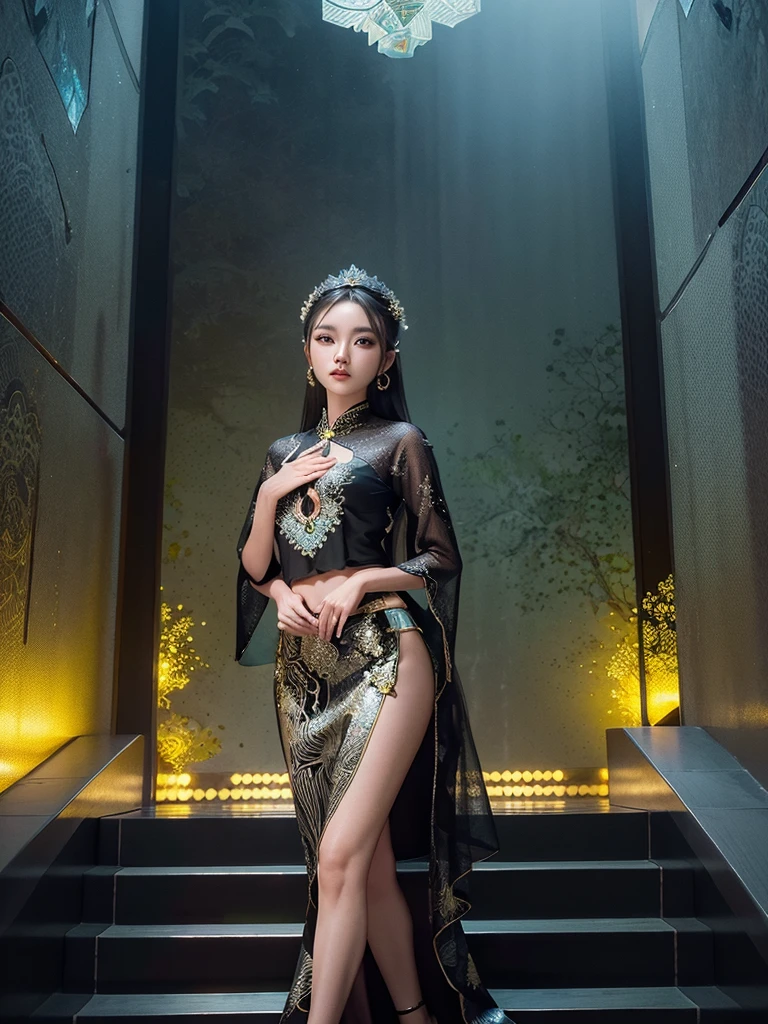 A captivating photograph of a stunning Korean woman, dressed in a black kebaya and a spiral luxury batik skirt made from jasmine flowers and reflective metallic textures. The skirt flows gracefully, showcasing leaf-like patterns and pelagic colors that shimmer in the light. Her long hair is elegantly tied in a bun. She faces the camera, standing on luxurious stairs surrounded by colorful neon walls with black highlights, creating a touch of fantasy. The image adheres to the Rule of Thirds, capturing the woman's entire body in a striking pose, and the high octane render and portrait photography style bring out the glamour and sophistication of the scene.,UHD,32K, high octane render, portrait photography
