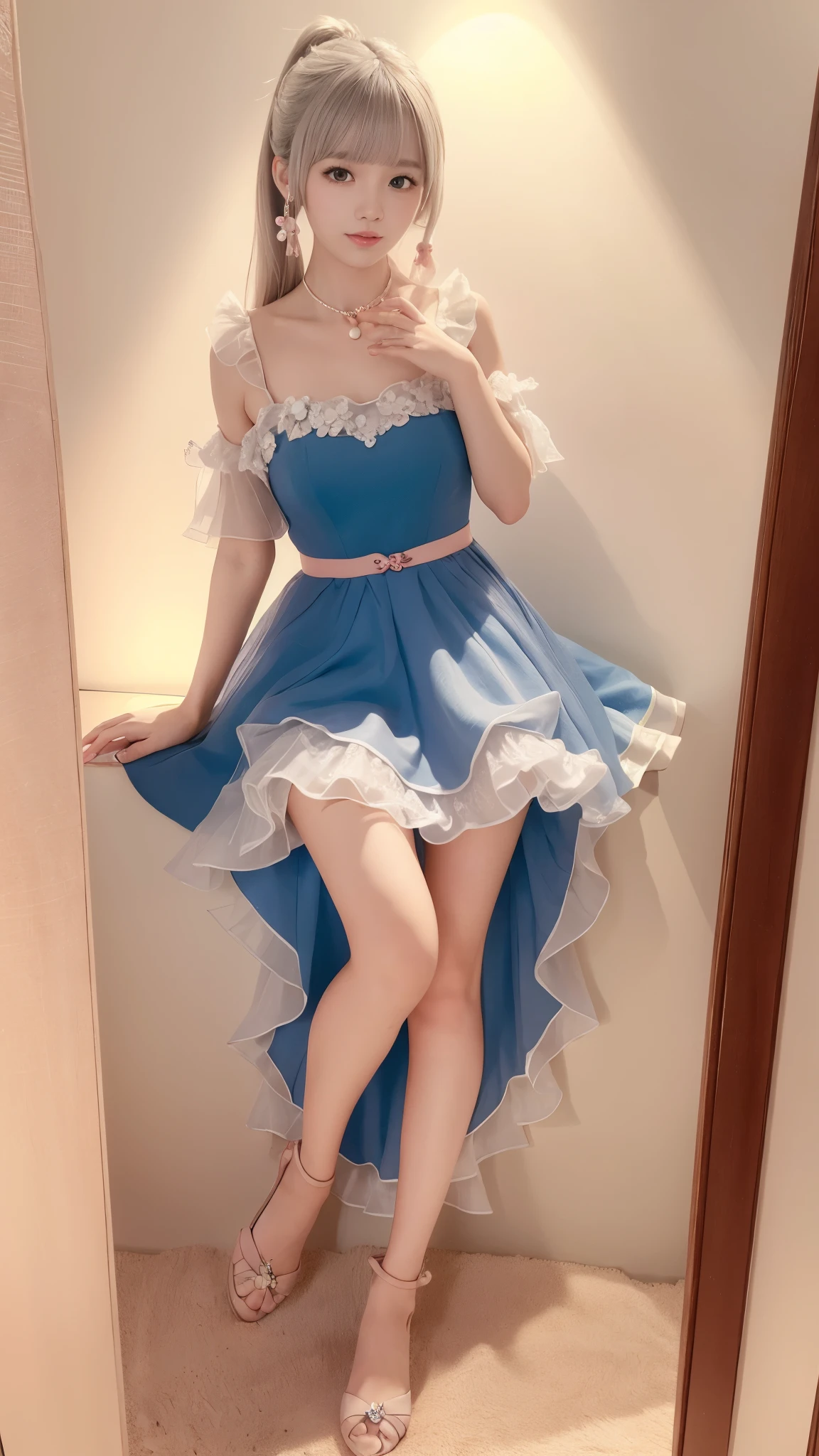 Sweet Girls Clothes 2,Pearl Necklace,Blue Dress,flower,Realistically, high resolution, 1 female, Solitary, (Delicate face), Brown hair, blue eyes、beautiful 、cleveage、mix４, (Best Illustration Award: 1.1), (The best shadow: 1.1), Express、Radiant skin。Practical、(Reality:1.37)、(Korean pop idol)、Messy hair、Medium Length Hair、(Pink blush)、(illuminate)、(solo)、Dynamic poses、(Thin legs)、North African Trade Zone、Very detailed content ambient occlusion、超high resolution, 超Practical, Very detailed content