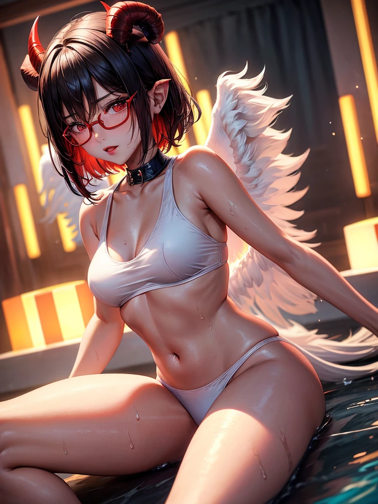 Beautiful girl,Korea, sitting among red light neon,
 18 years old,Short hair, shoulder length,black hair, medium breasts,wet, sweat, camel toe, red lips ,Wear glasses,
White underwear, sexy pose,
 red eyes, spread your legs, กางเกงใน girl, baby face,
Two horns and a red demon tail, slim, angel wings,