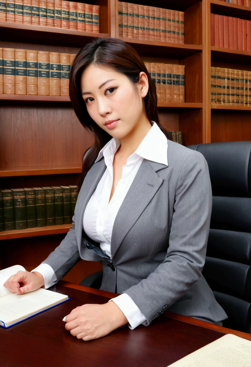 japanese female lawyer, gigantic breasts, business suits, tight skirt, cleavage:-2, (buttoned shirts:1.3), Law Firm, she is sitting at a desk with a shelf full of law books behind her.