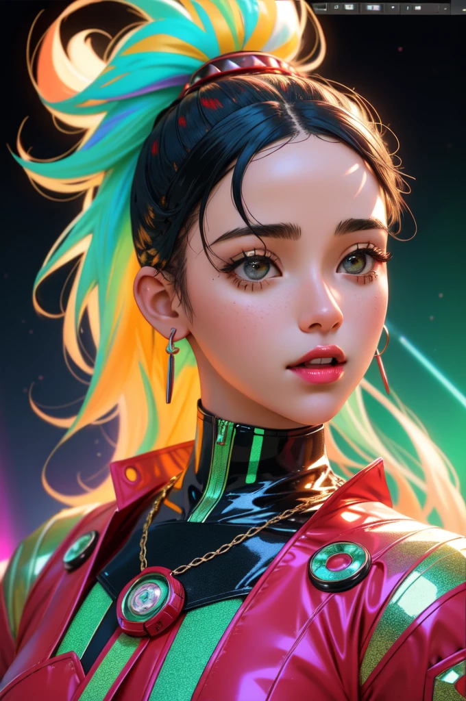 1girl, (designed by Thomas Wrede:0.7) and (Spike Lee:1.1) , awardwinning Redshift render, intricate details, medium wide shot of a voluptuous Israeli (Female Ceasar:1.3) , she is very Ruined and Unadvised, she has Ponytail hairstyle, Unattractive roots in background, Psychadelic fauna and Universe in background, at Overcast, equirectangular 360, Rough sketch, Grim, Queercore Art, electric red lighting, Low shutter, Mint green and Vibrant neon hue, Luminism, glimmering transformation, photo-realistic face, perfect skin, Unsplash, professional