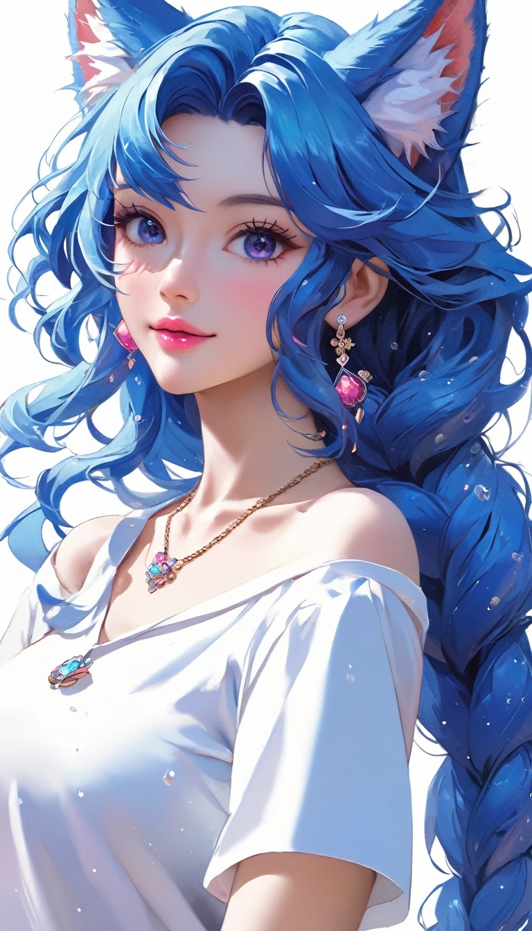 Seed Value：4019060095、masterpiece, Highest quality, High resolution, (White Background: 1.4), [Glitter], [Looking at the audience, Portraiture, 1 Cute Chinese Girl], (Long Hair, Blue Hair, Wave Curl, Multicolored Twisted Big Braid: 1.3, Fluffy fox ears, Air Van), White off-the-shoulder short sleeves, Delicate facial features, Pink Lips, Earrings, necklace